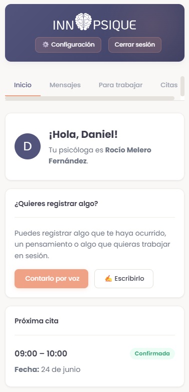 Espacio personal de InnoPsique para seguimiento de la terapia entre sesiones